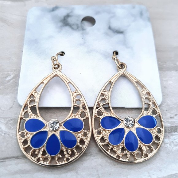 Jewelry - Gold Filigree and Blue Enamel Oval Dangle Earrings
